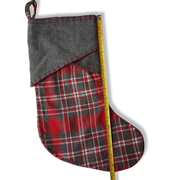 Tartan Plaid and Herringbone Christmas Stocking Red Gray 17" - Picture 4 of 6